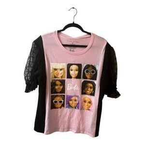 Upcycled pink Barbie tee with sheer short sleeves size X/L